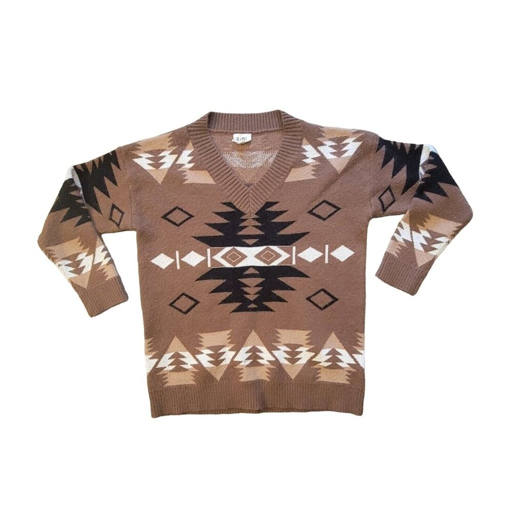Bibi Womens Size S Brown Aztec Long Sleeve V Neck Sweater